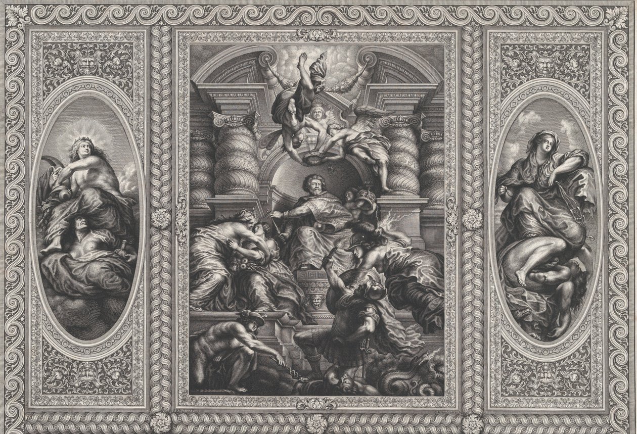 James I benoemt Charles tot Koning van Schotland in het midden, Minerva doorboort Onwetendheid aan de rechterkant, 1720 door Simon Gribelin