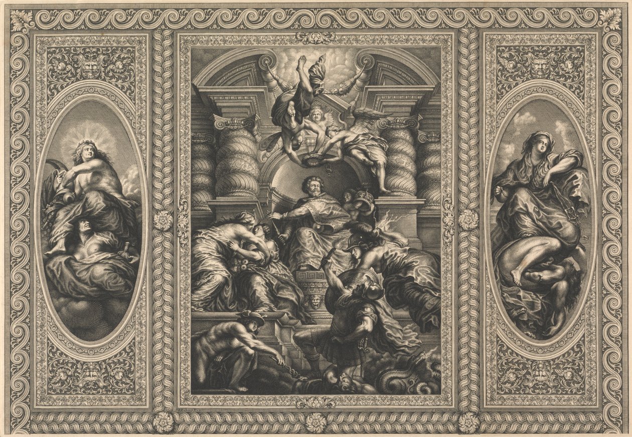 Het Plafond van het Banketgebouw in Whitehall: De Vredige Regering van James I door Simon Gribelin