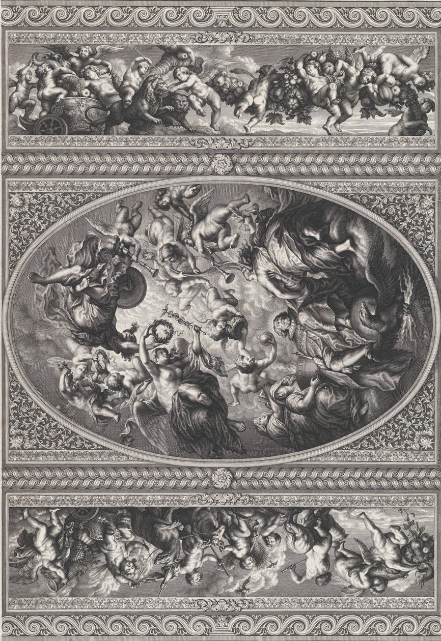 De apotheose van James I in een ovaal in het midden, friezen met putti en guirlandes door Simon Gribelin