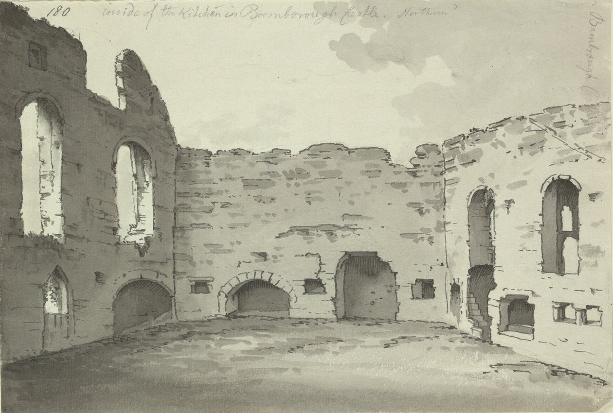 Bamburgh Kasteel, keukenruïnes, Add. 15542, f.180, ca. 1780 door Simon H. Grimm