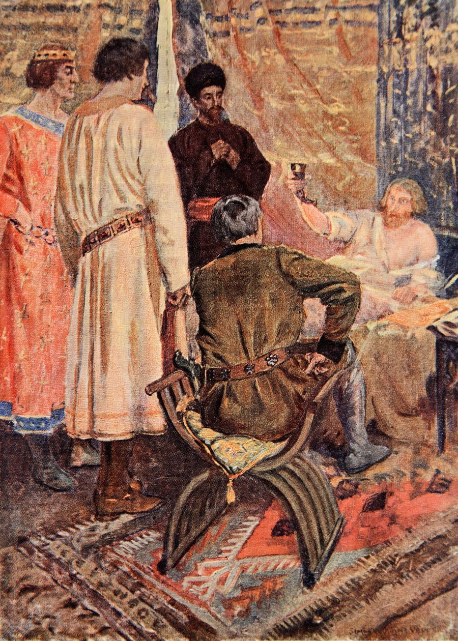 Richard Leeuwenhart richtte zich op in zijn bed en nam een beker in zijn hand, illustratie voor 