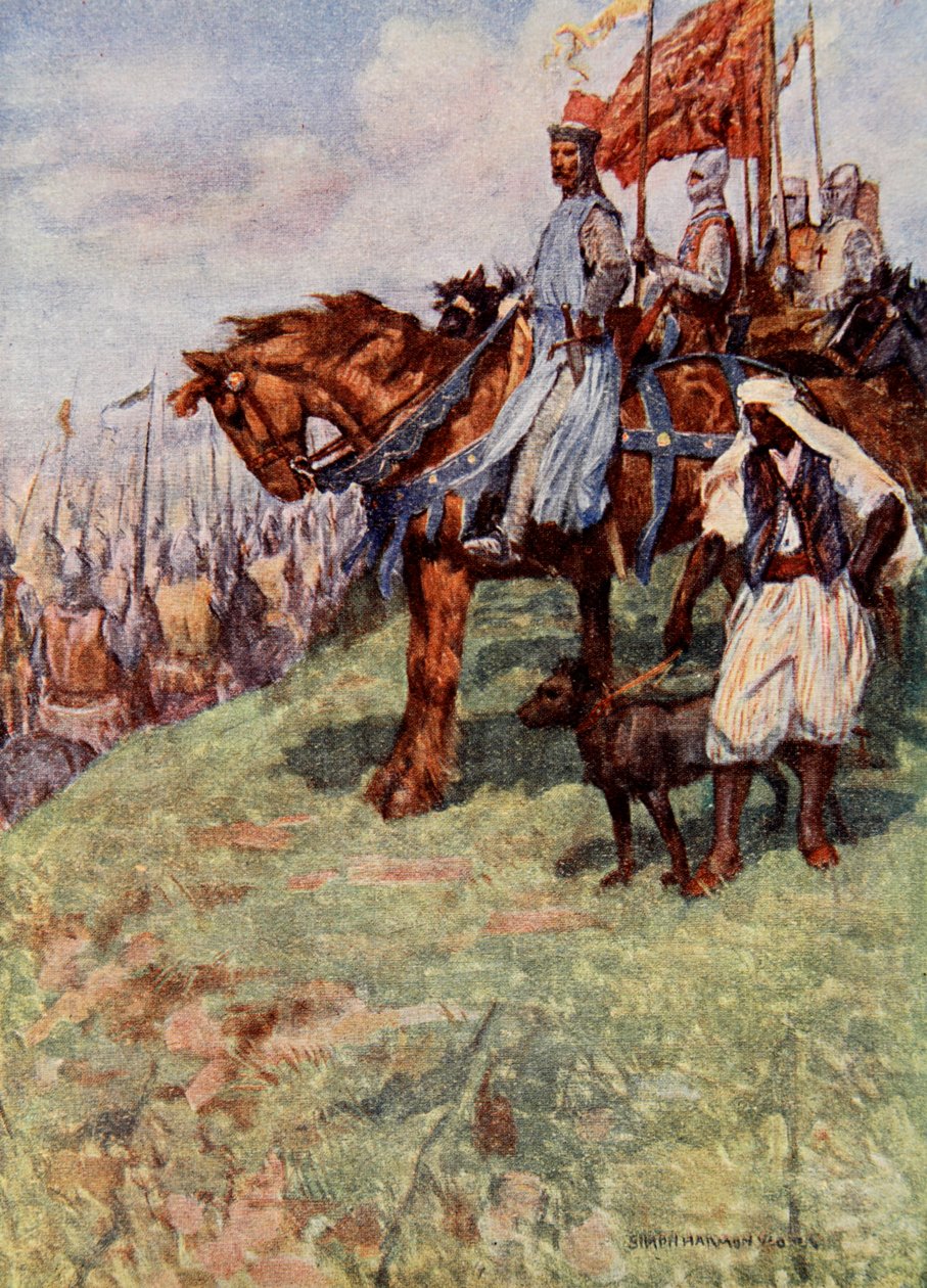 De Leeuwenhart gezeten te paard, naast hem stond de Nubische slaaf, een hond aan de lijn houdend, illustratie uit 