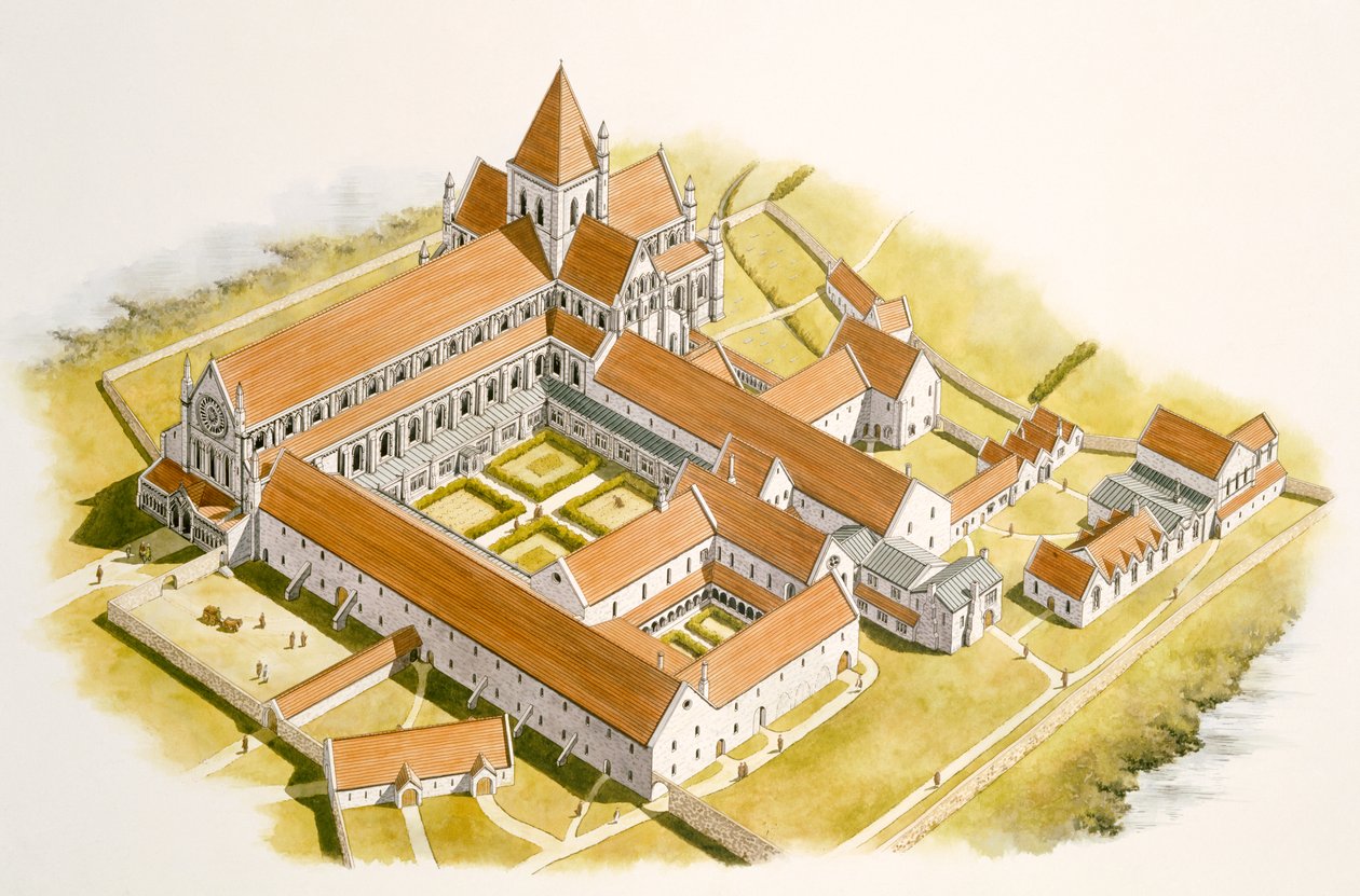 Luchtfoto van Byland Abbey (aquarel op papier) door Simon Hayfield