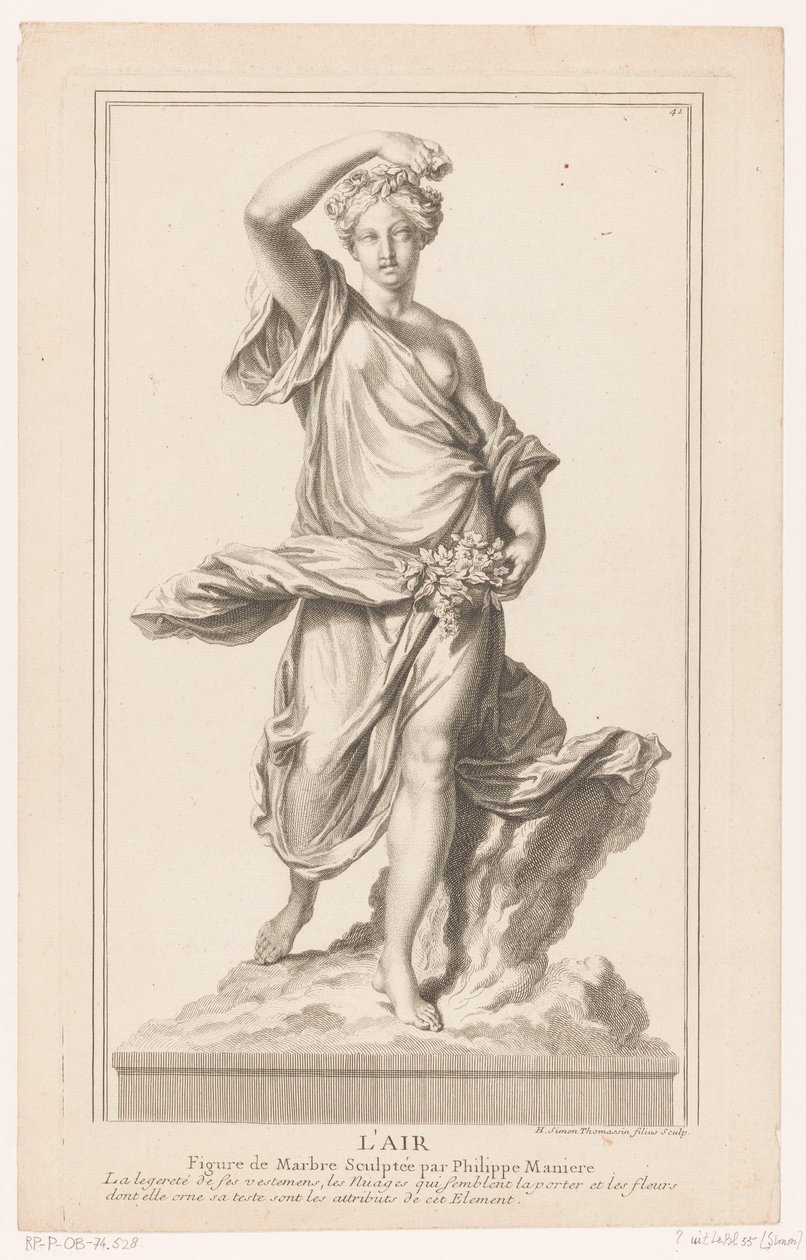 Sculptuur van een jonge vrouw op een wolk met rozen in haar hand door Simon Henri Thomassin