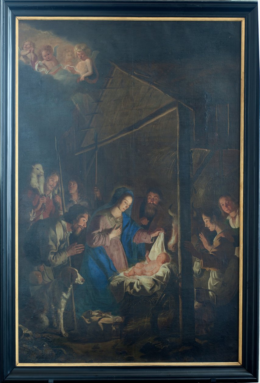Parochiekerk (Onze-Lieve-Vrouw-Hemelvaartkerk). Interieur. Schilderij. Kersttafereel. Simon De Paepe. Oorsprong abdij Ename (?) door Simon II de Pape