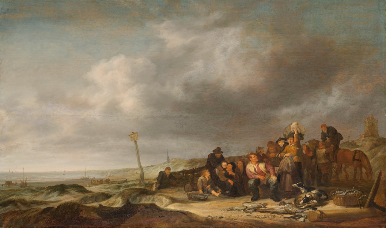 Strand met vissers door Simon Jacobsz. Vlieger