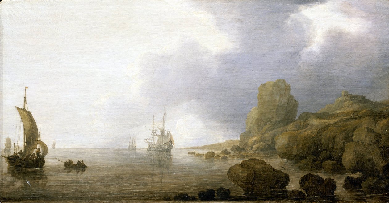 Boten in de ondiepe wateren van een rotsachtige baai, een romantische en geïdealiseerde visie door Simon Jacobsz. Vlieger