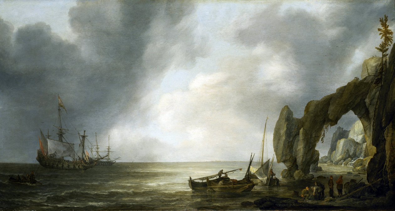 Nederlandse oorlogsschepen voor anker bij een rotsachtige kust, enkele bemanningsleden aan land, verzameld rond vismanden door Simon Jacobsz. Vlieger