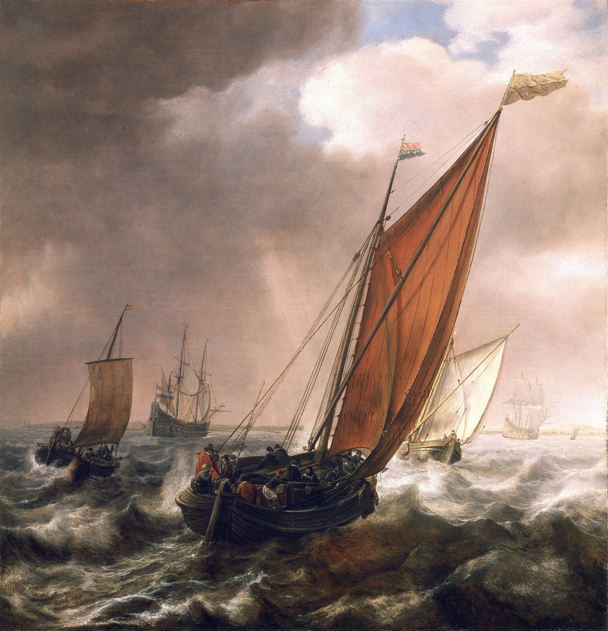 Klein Nederlands transportschip, voor de bries, in de kalme, ondiepe wateren langs de kust, met de vlag van de Admiraliteit van Zeeland (noordoosten van Nederland) evenals die van Holland door Simon Jacobsz. Vlieger