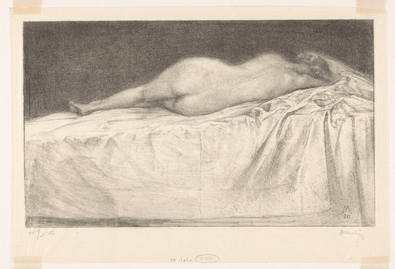 Naakte vrouw liggend op bed door Simon Moulijn (signed by artist)