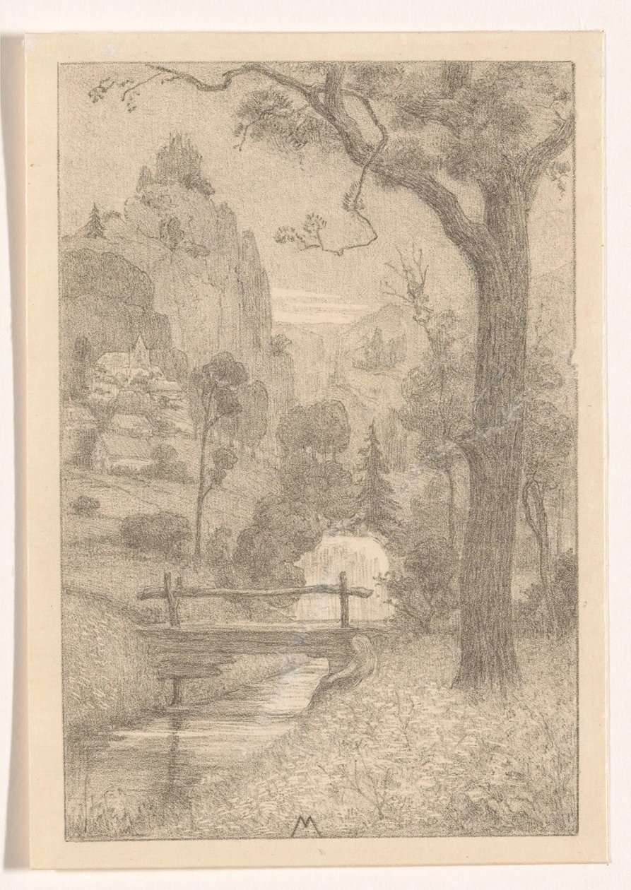 Berglandschap met waterval en brug door Simon Moulijn