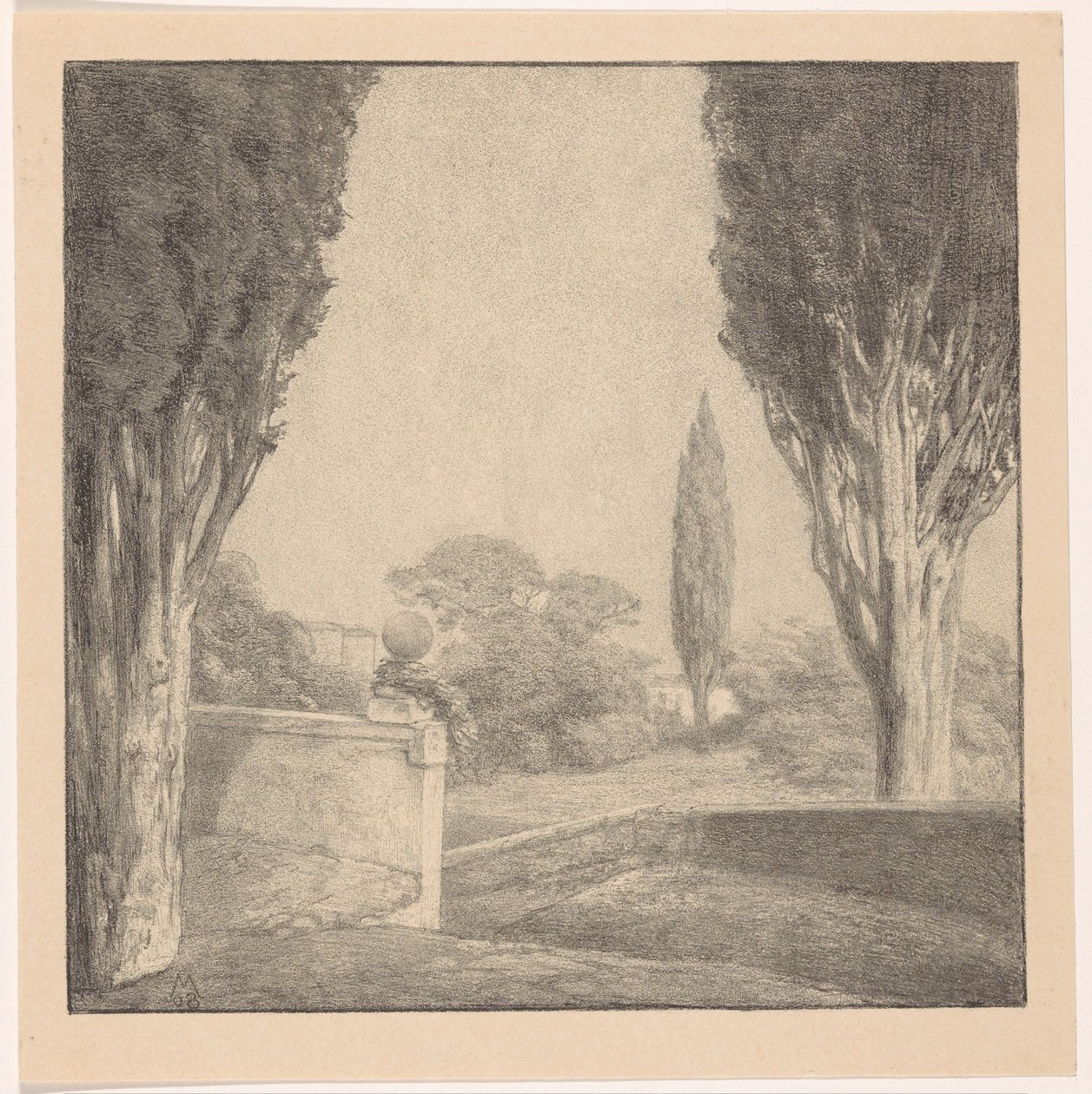 Landschap met muur en cipres door Simon Moulijn