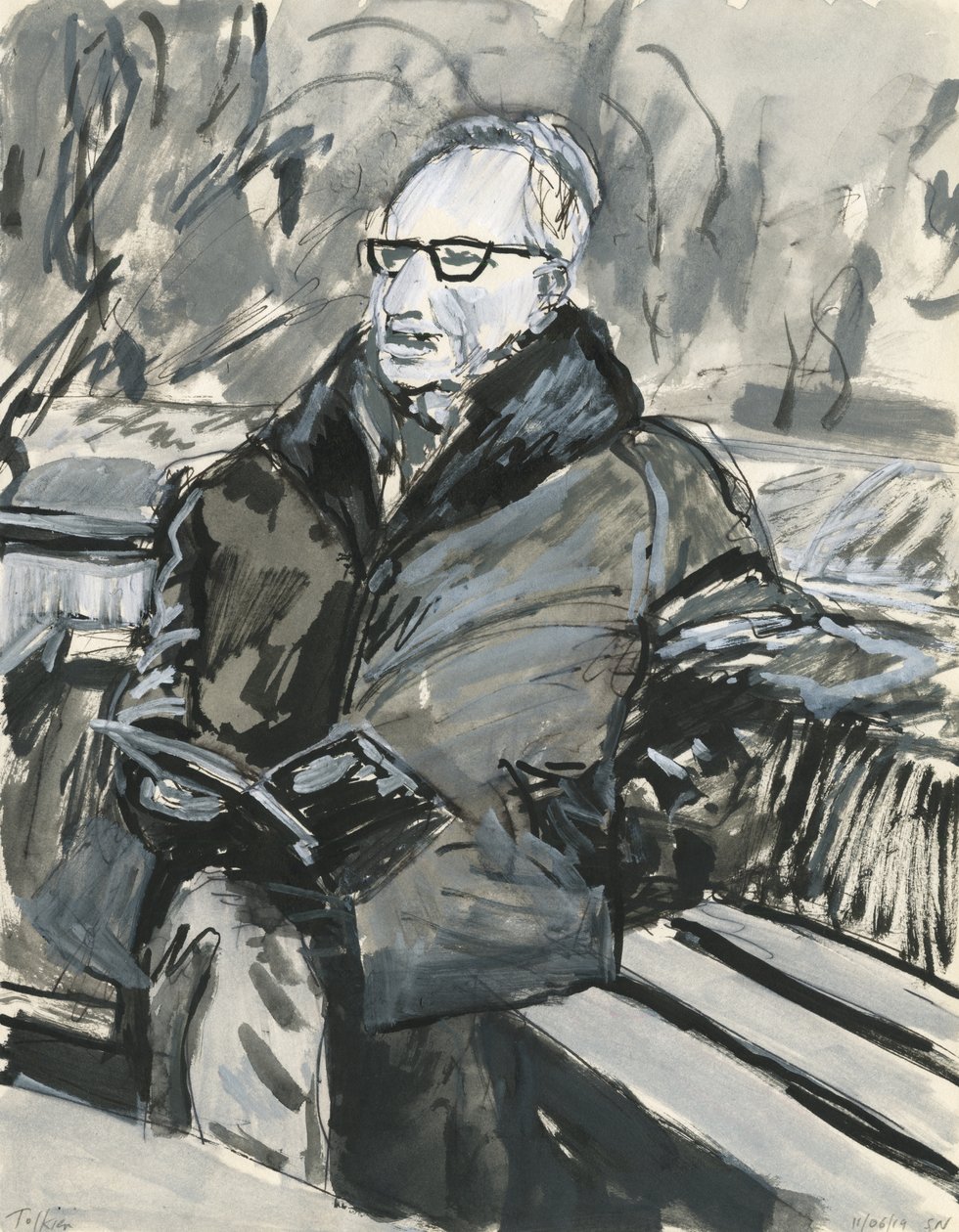 Man leest een boek, 2019 (inkt  acrylverfstiften op papier) door Simon Neville