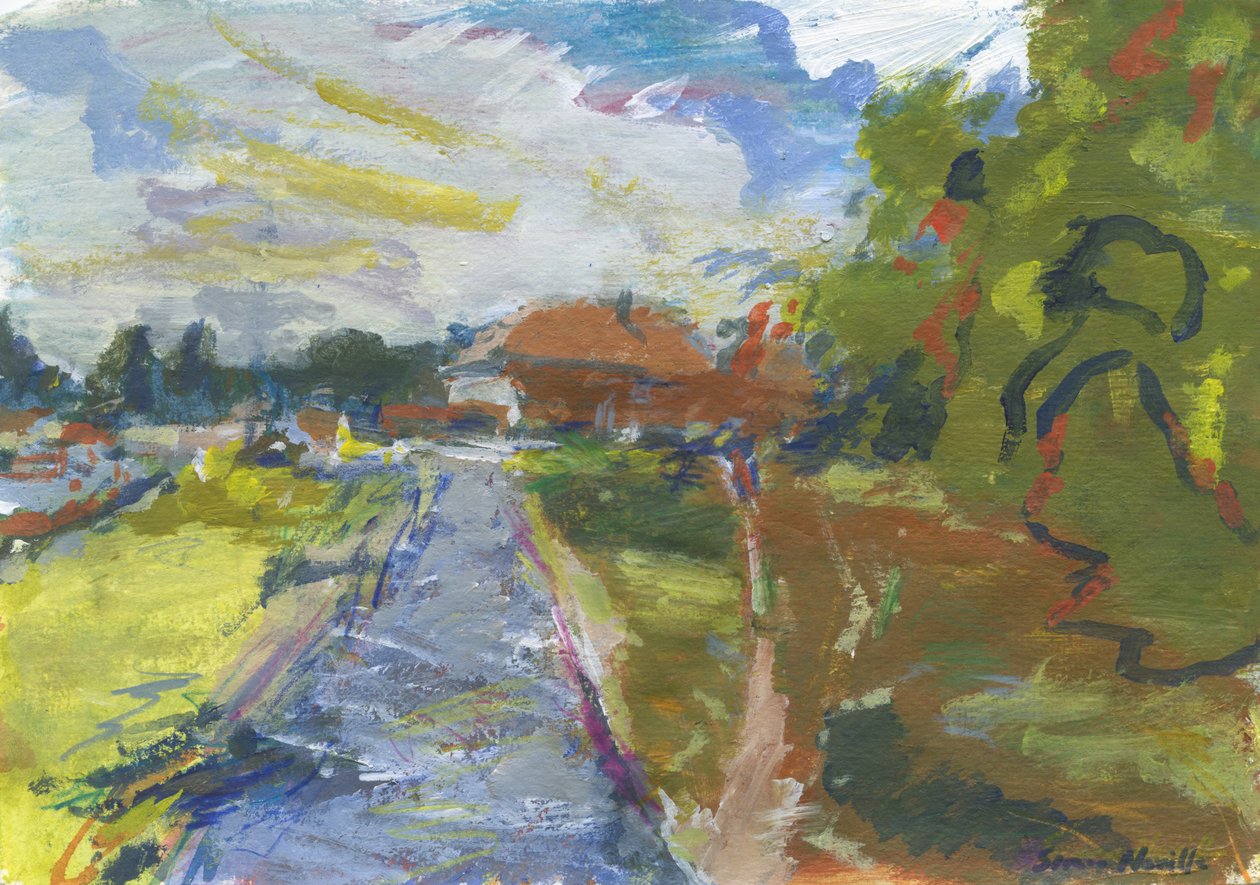 Pavenment  binnenweg naar huizen, 2024 (acryl, aquarel, aquarelpotloden  oliepastel op papier) door Simon Neville