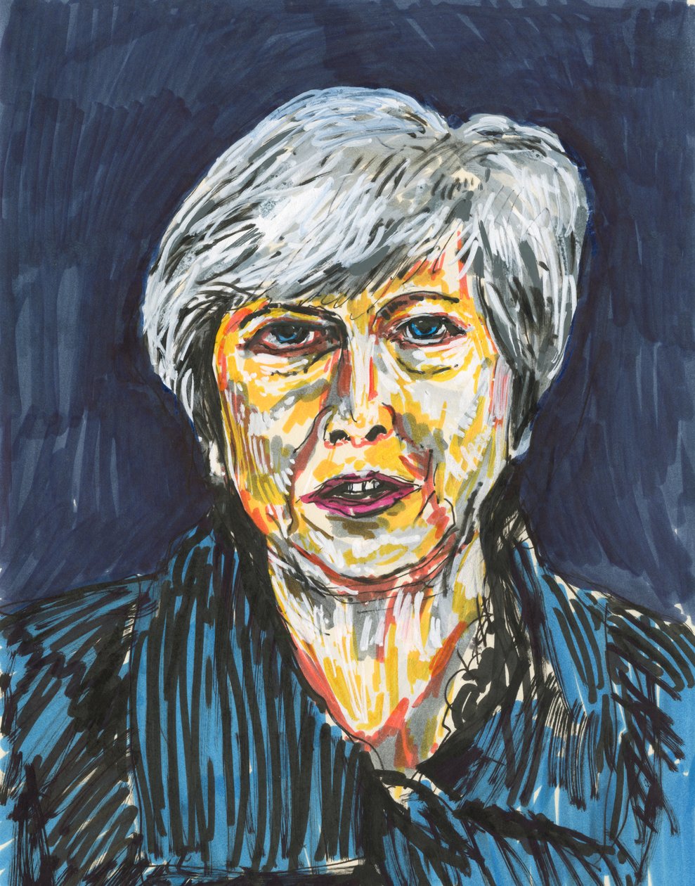 Theresa May, 2019 (inkt en acrylverfstiften op papier) door Simon Neville