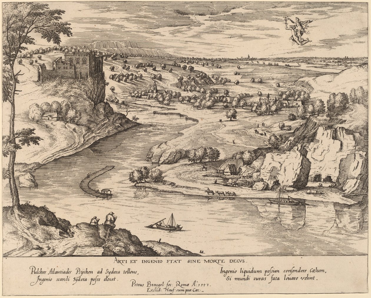 Rivierlandschap met Mercurius en Psyche door Simon Novellanus after Pieter Bruegel the Elder