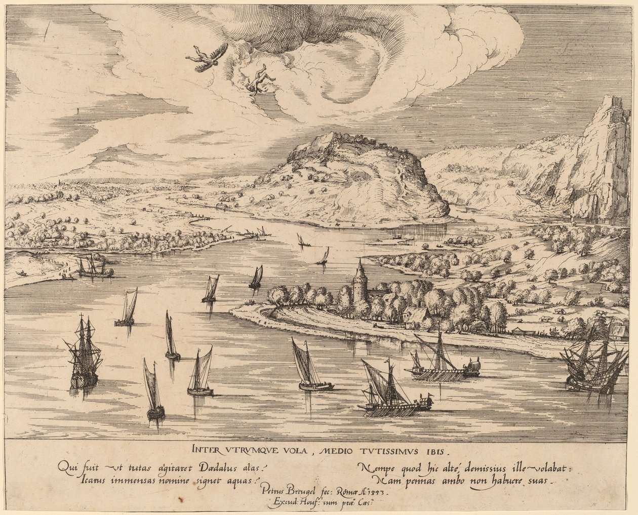 Rivierlandschap met de val van Icarus door Simon Novellanus after Pieter Bruegel the Elder