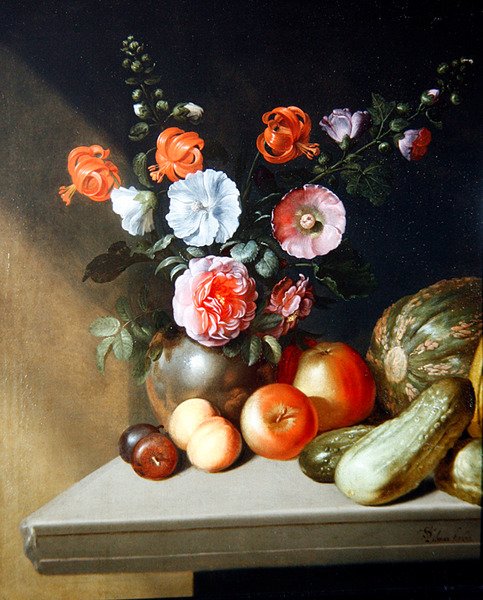 Een stilleven van rozen, riddersporen en lelies door Simon Peter Tilmann