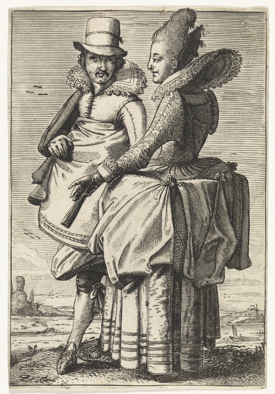 Man en vrouw gekleed volgens de mode van ca. 1625 door Simon Poelenburg (attributed to)
