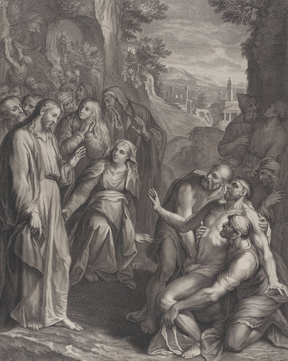 De Opwekking van Lazarus, met Christus staand links door Simon Vallee