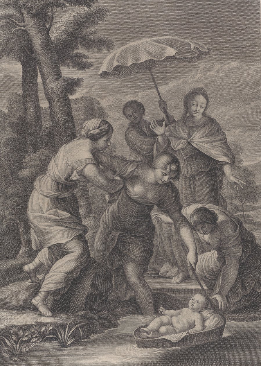 Drie Vrouwen die de Mand met de Baby Mozes uit het Water Trekken, ca. 1729 door Simon Vallee