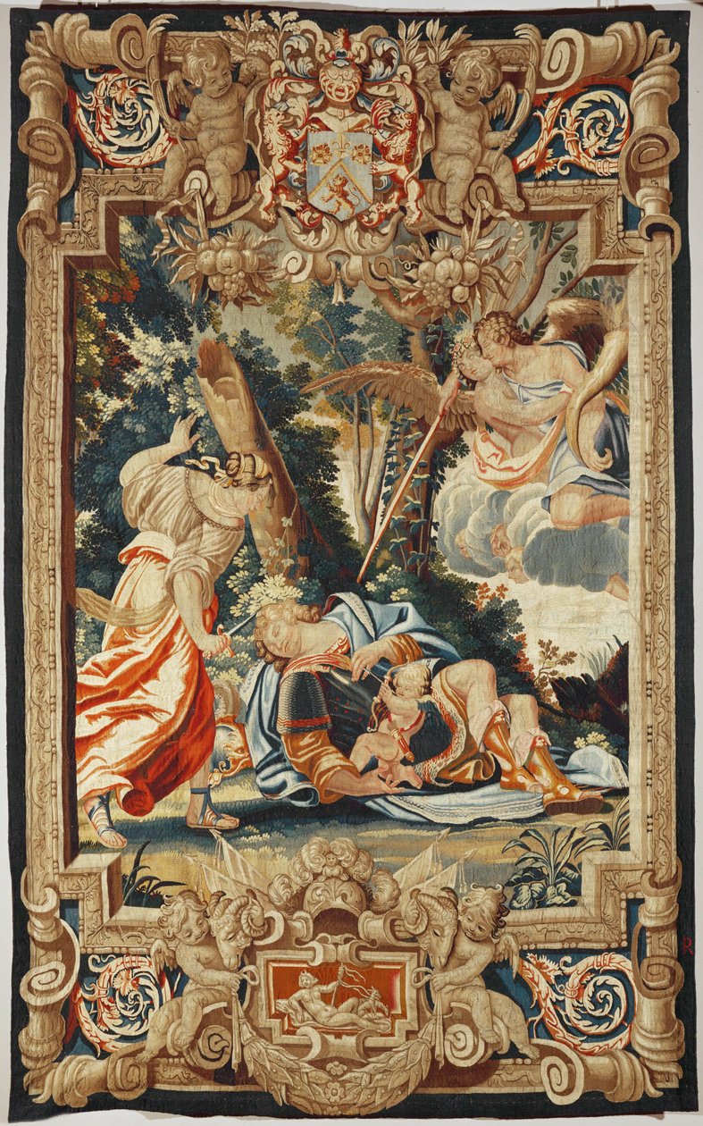 Liefde voorkomt dat Armida de slapende Rinaldo neersteekt ... door Simon Vouet