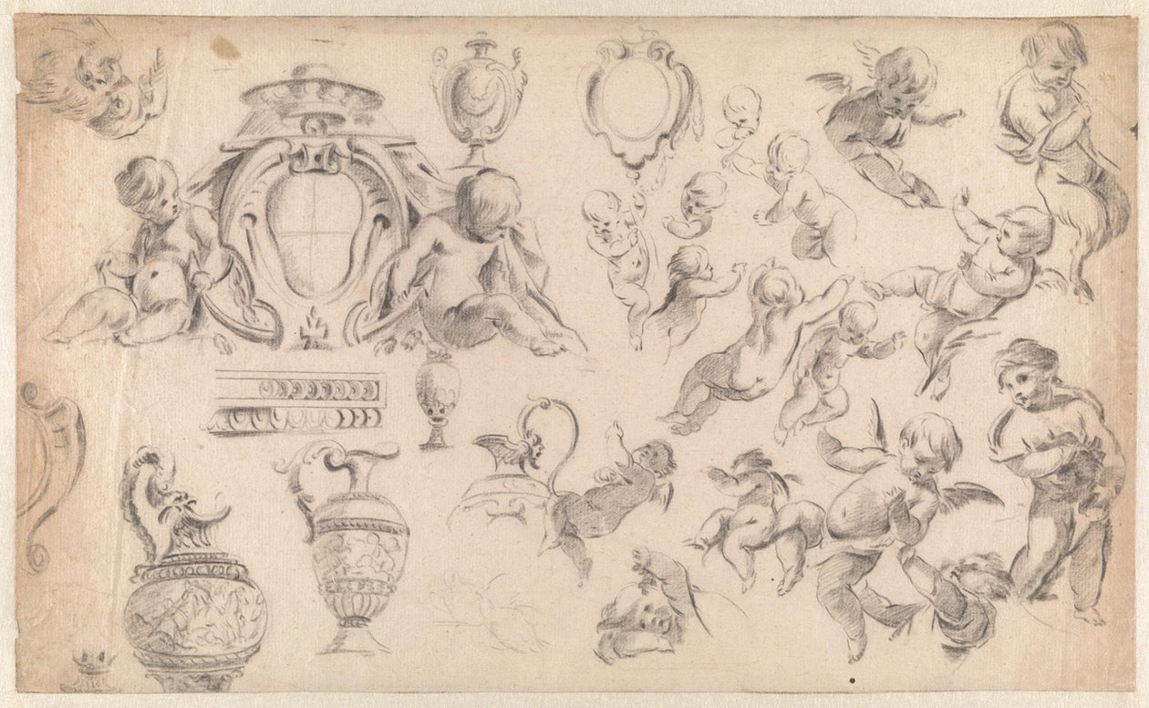 Studie voor een decoratie met putti en ornamenten door Simon Vouet