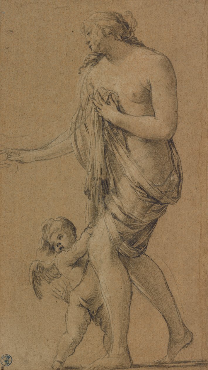 Studie voor de figuren van Venus en Cupido (recto); Studie van een mannelijk naakt (verso) door Simon Vouet