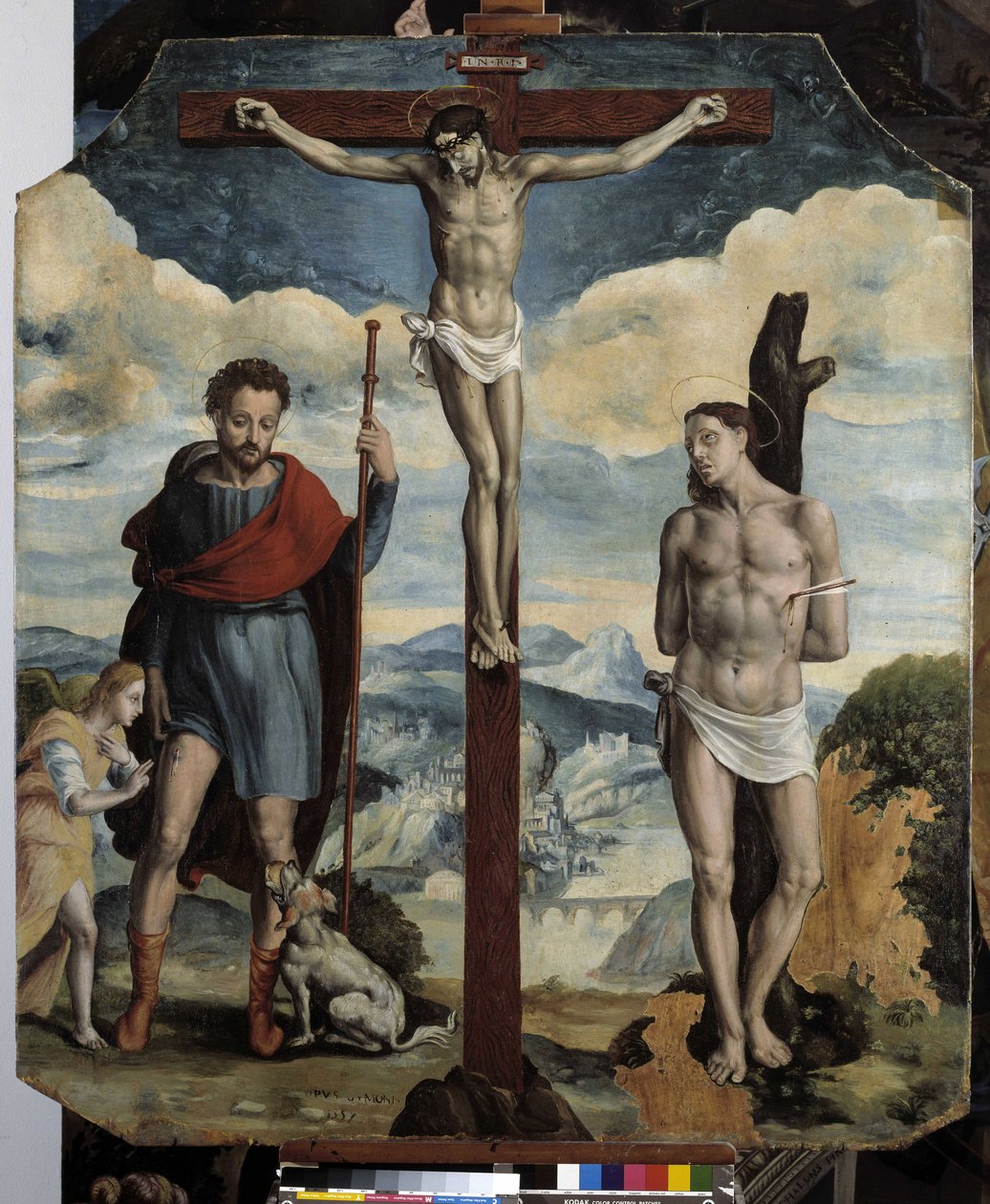 Kruisiging met St. Roch en St. Sebastian door Simon de Châlons