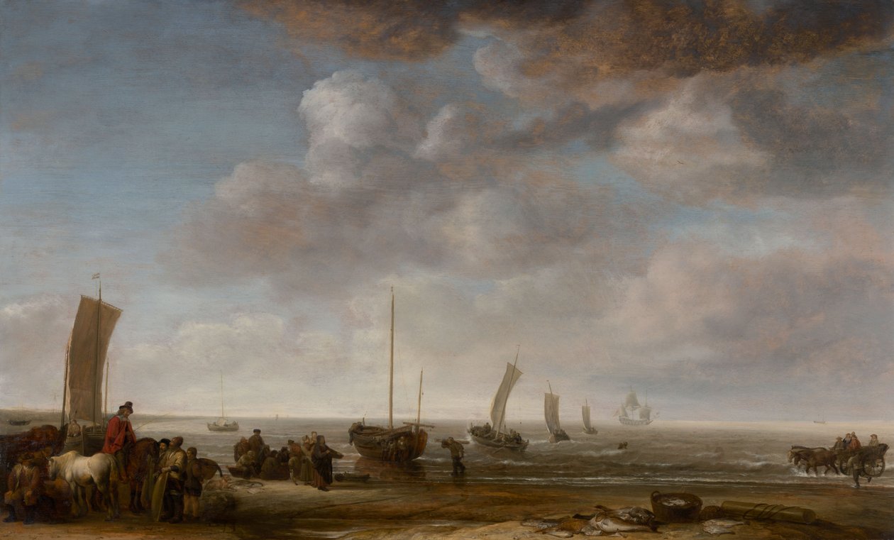 Vissers en andere figuren op een strand door Simon de Vlieger