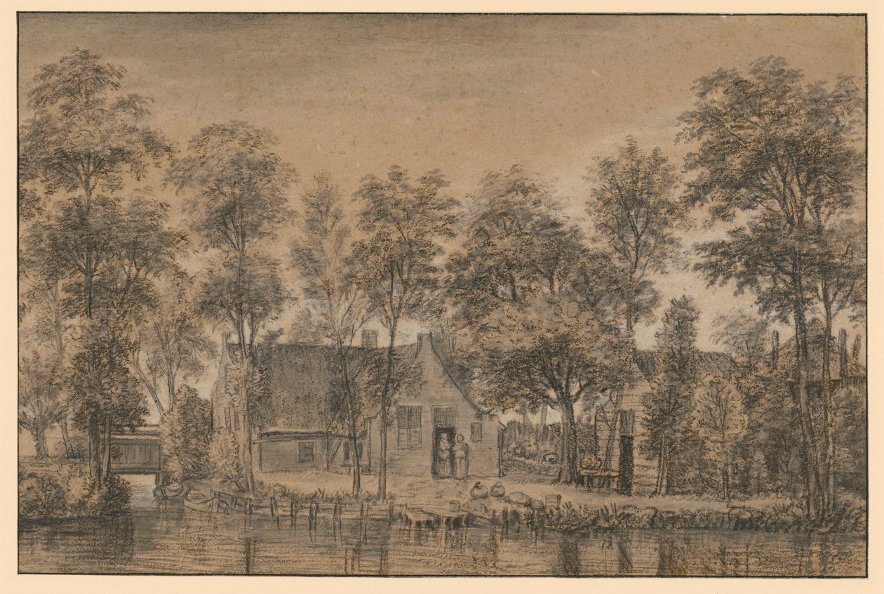 Boerderij onder bomen bij het kanaal door Simon de Vlieger