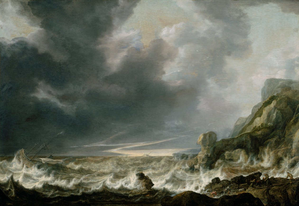 Schip in nood voor een rotsachtige kust door Simon de Vlieger