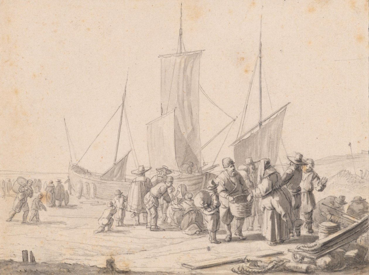 Strand met visverkopers door Simon de Vlieger