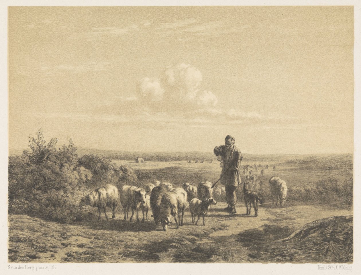 Herder met zijn schapen op de hei door Simon van den Berg