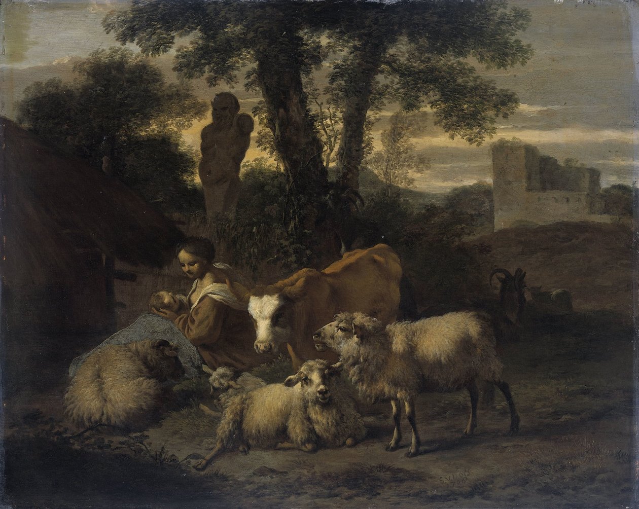 Italiaans Landschap met Herderin en Kudde door Simon van der Does