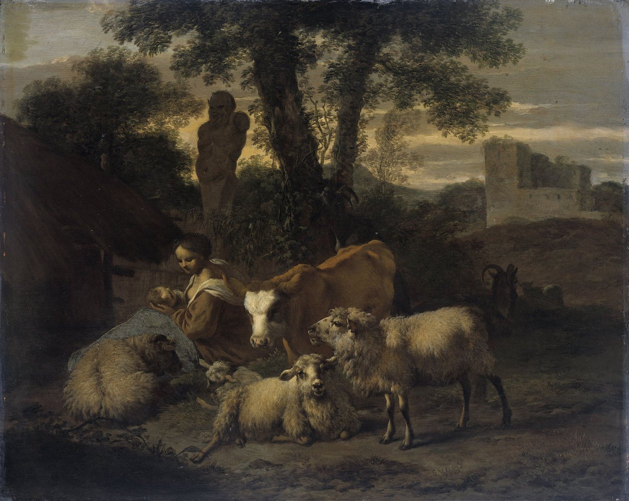 Italiaans landschap met herderin en kuddes door Simon van der Does