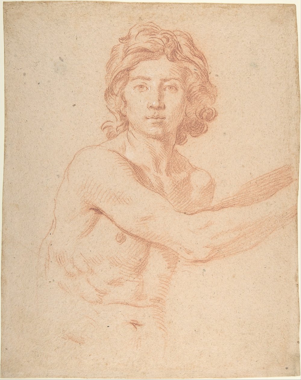 Halffiguur van een jongeman met zijn rechterarm opgeheven door Simone Cantarini