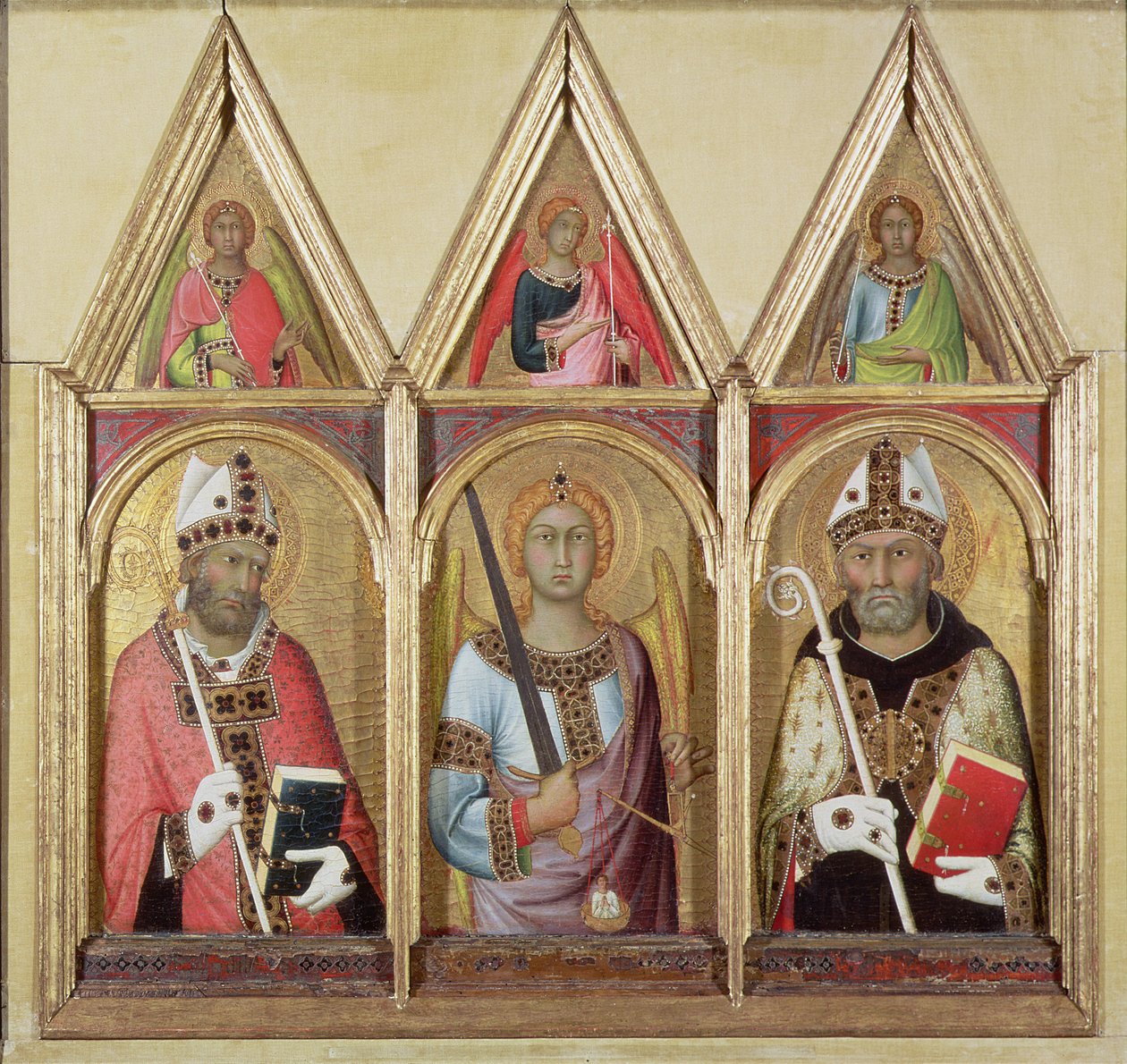 St. Geminianus, St. Michael en St. Augustinus, c.1319 (details) door Simone Martini