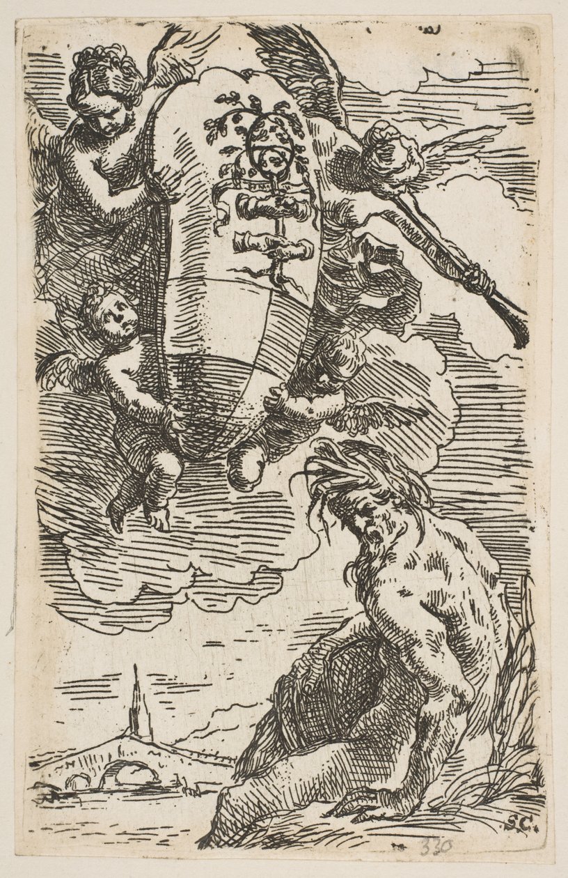 Allegorie van de Foglia-rivier met het wapen van de stad Pesaro, frontispice voor door Simone Cantarini
