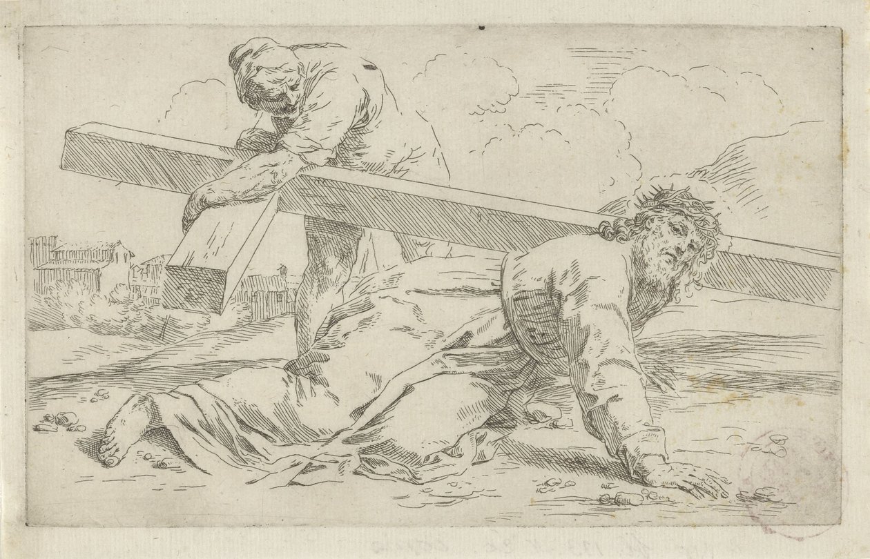 Christus bezwijkt onder het gewicht van het kruis door Simone Cantarini