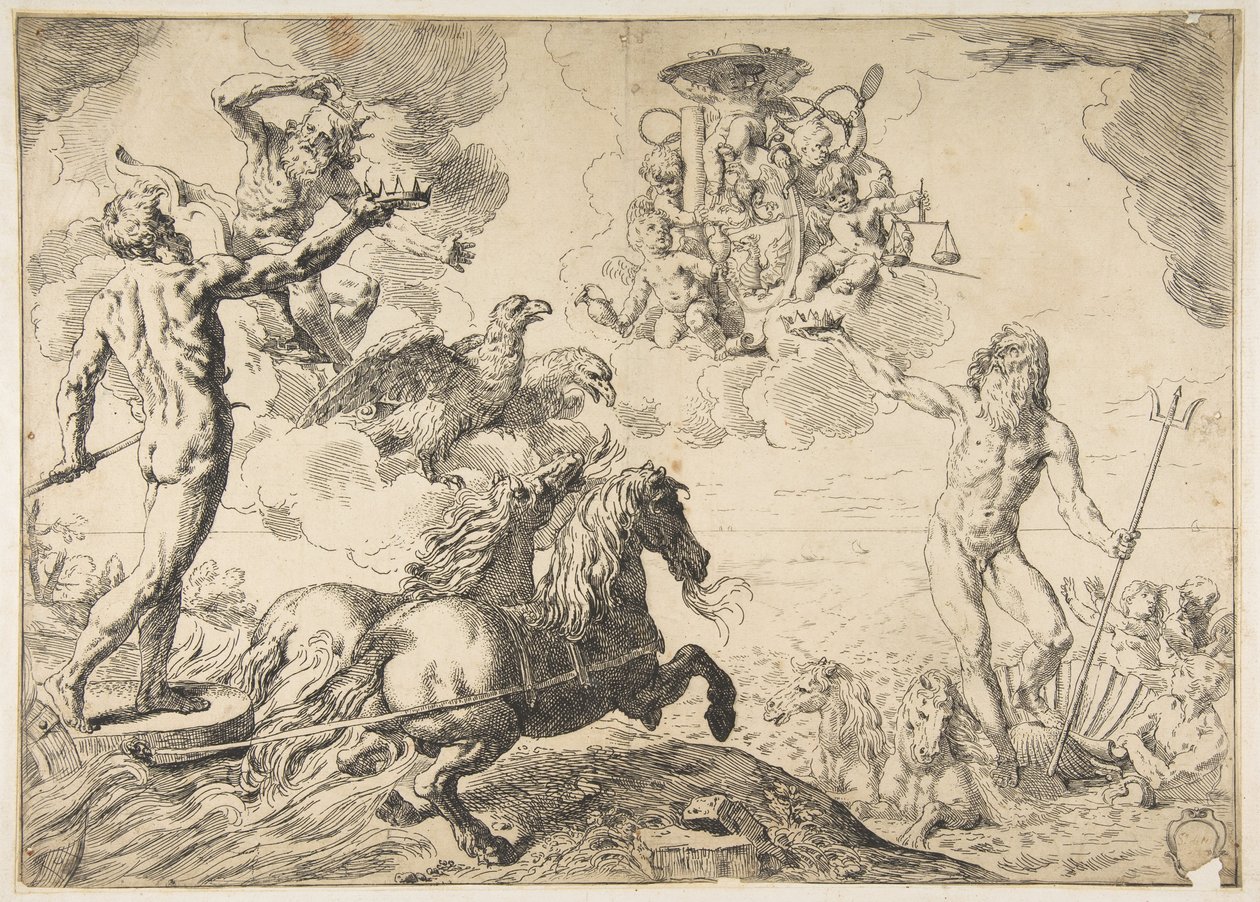 Jupiter, Neptunus en Pluto bieden hun kronen aan de wapens van kardinaal Borghese door Simone Cantarini