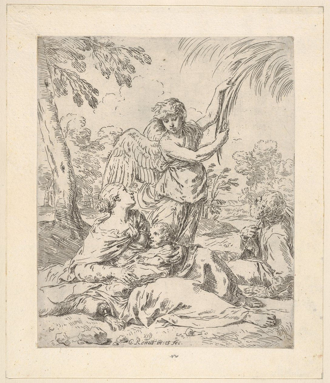 Rust in Egypte, Maria voedt het kind Christus terwijl een engel aan boomtakken trekt, ca. 1630-1648 door Simone Cantarini