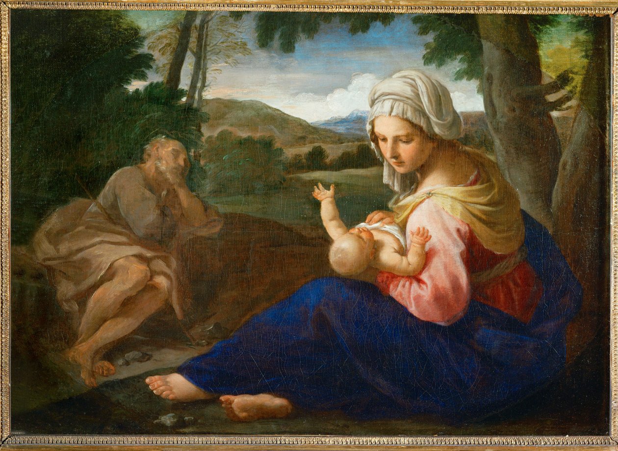 Rust op de vlucht naar Egypte (schilderij op doek) door Simone Cantarini