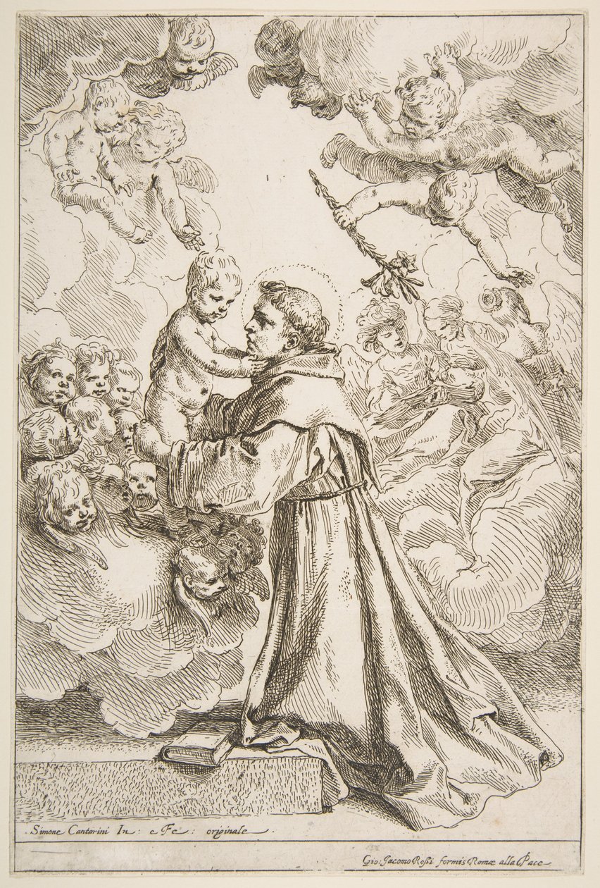 De heilige Antonius van Padua in aanbidding van het Christuskind in glorie door Simone Cantarini