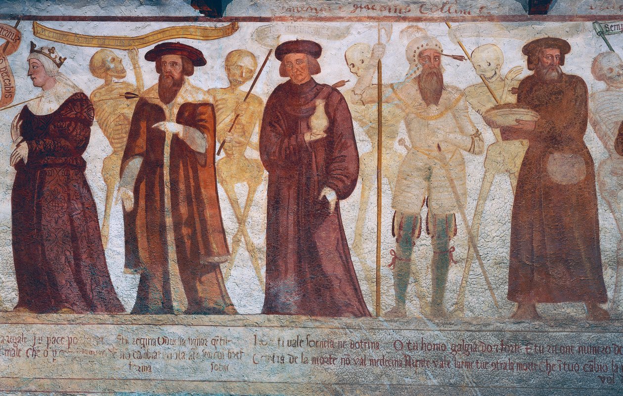 Dood met de koningin, de hertog, de dokter en de rijke vrek (detail) door Simone II Baschenis