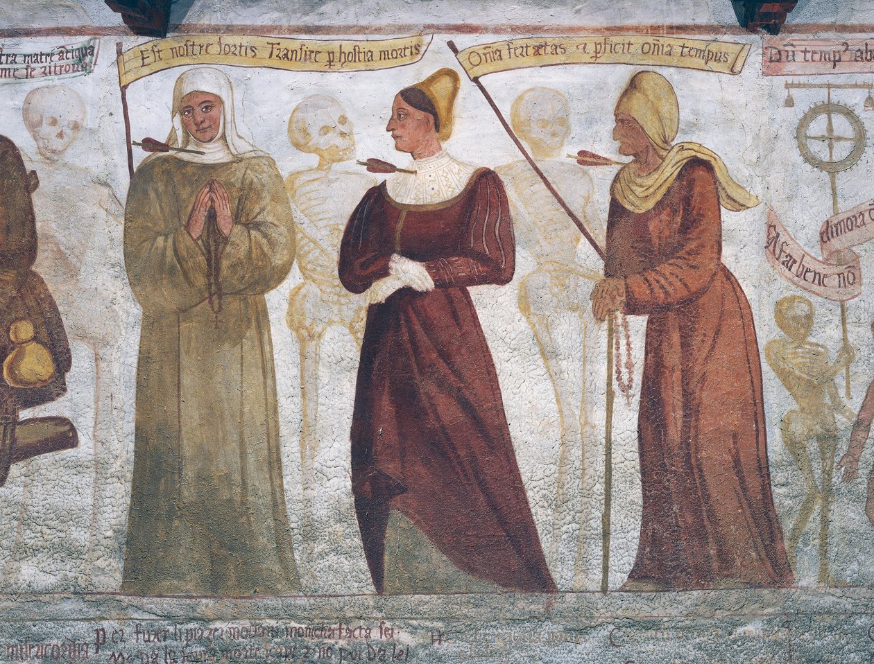 Dood met de non, de jonge vrouw en de oude vrouw (detail) uit De Dans van de Dood door Simone II Baschenis