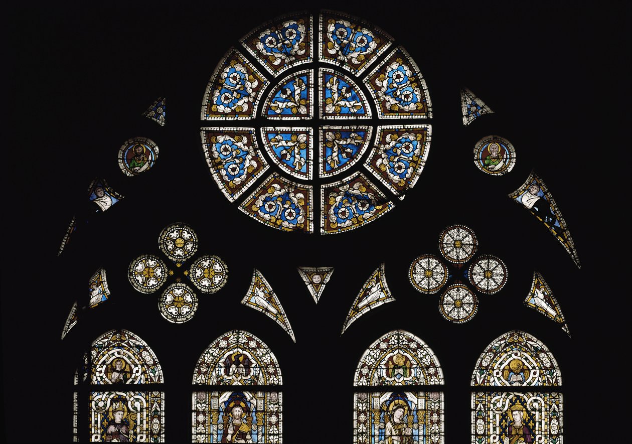 Detail van de centrale rozet, met in de ovale ramen symbolen van de evangelisten door Simone Martini