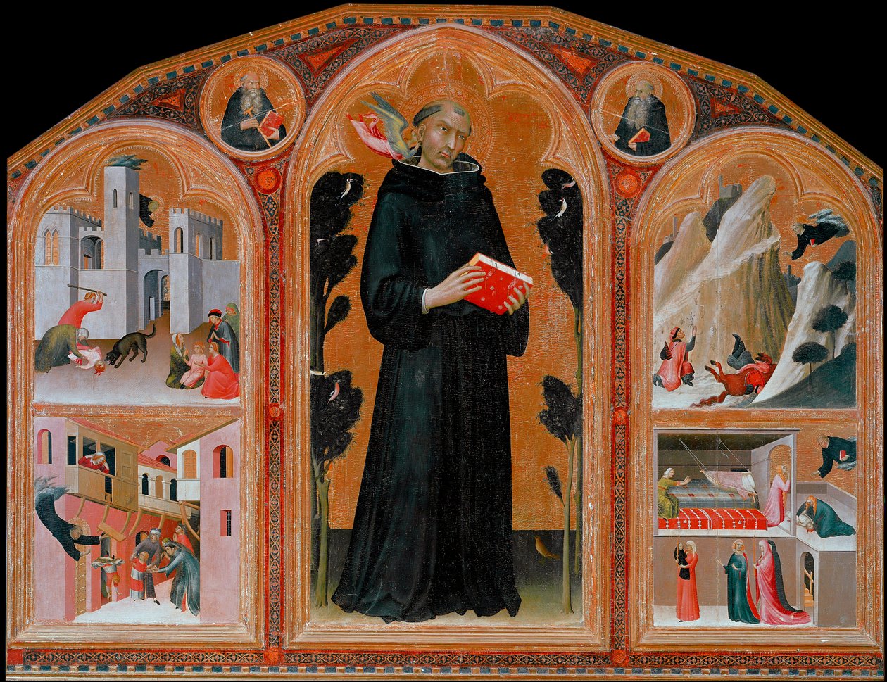 De Italiaanse monnik Agostino Novello en de weergave van vier van zijn wonderen door Simone Martini