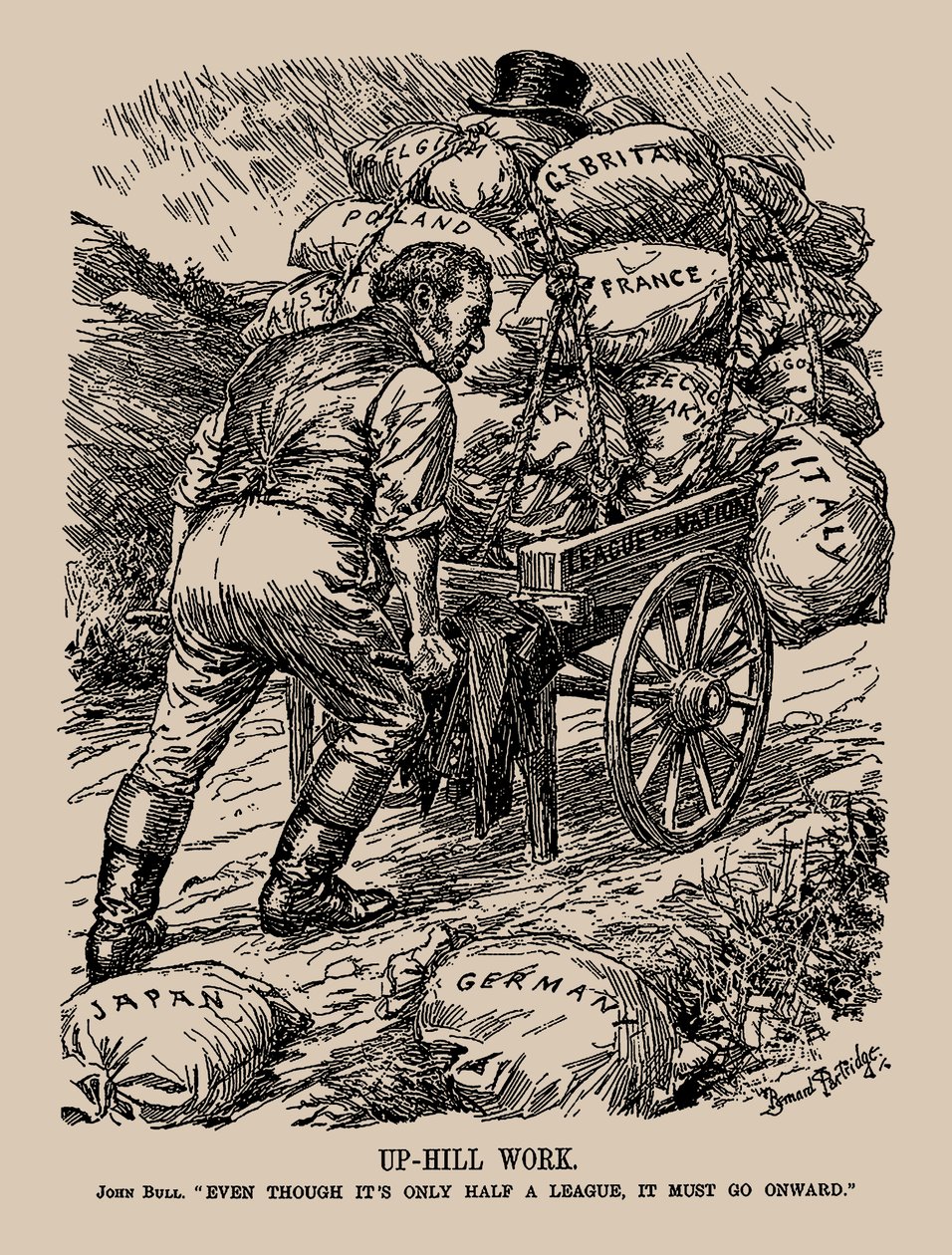 Zwaar Werk. John Bull. Zelfs al is het maar een halve liga, het moet doorgaan, 1935 door Sir Bernard Partridge