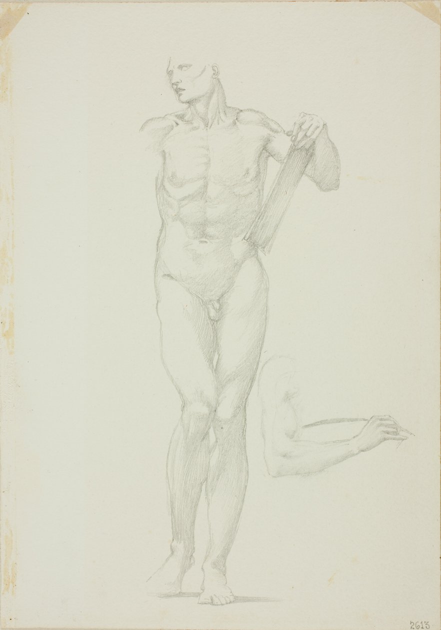 Staande man met tablet; aparte schets van rechterarm door Sir Edward Burne Jones